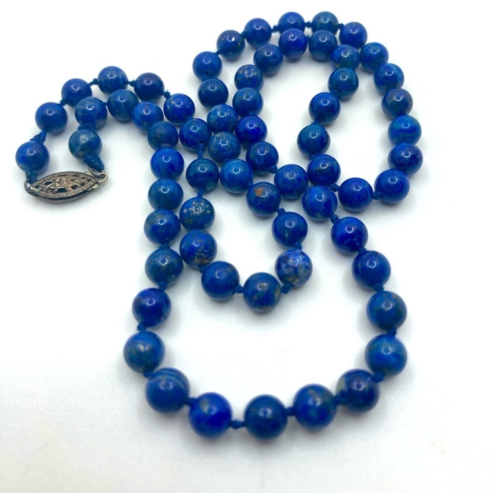 VTG Lapis Lazuli Knotted Bead Necklace Silver Tone Clasp 19” / 5mm Beads